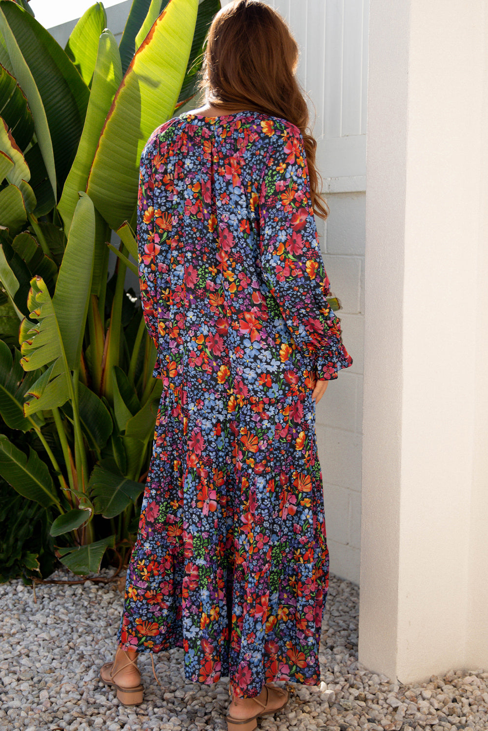 Blue Floral Print Tassel Tie V Neck Long Sleeve Flowy Maxi Dress