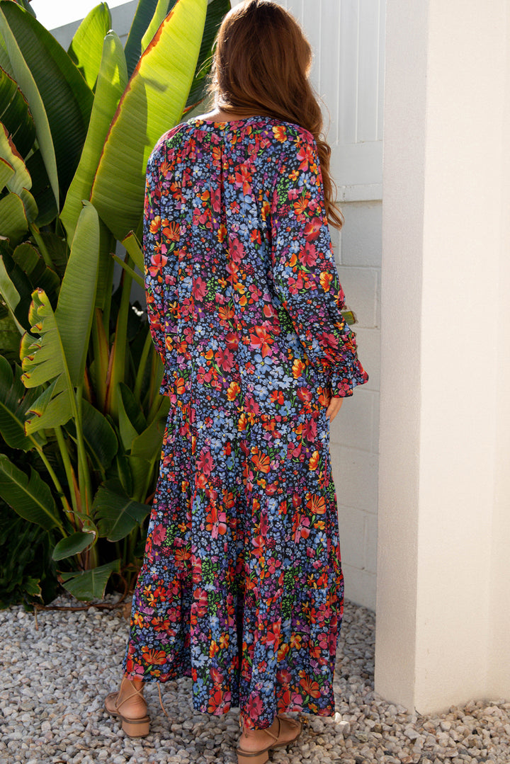 Blue Floral Print Tassel Tie V Neck Long Sleeve Flowy Maxi Dress