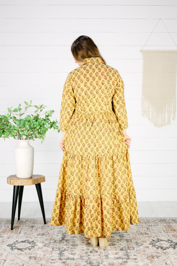 Wakely Hand Screen Printed Maxi Dress- Mustard
