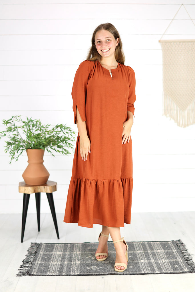 Heide Midi Dress- Caramel, modest dress, church dress, fall dress