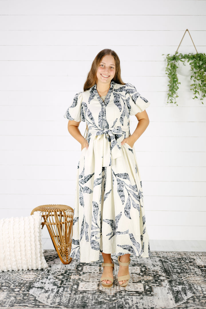Aurora Leaf Print Midi Dress-Ivory