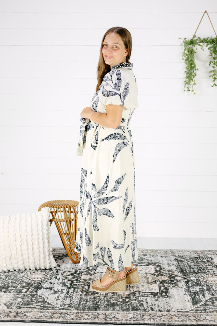 Aurora Leaf Print Midi Dress-Ivory