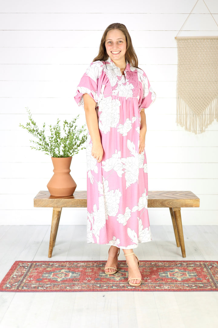 Hilary Floral Midi Dress- Pink