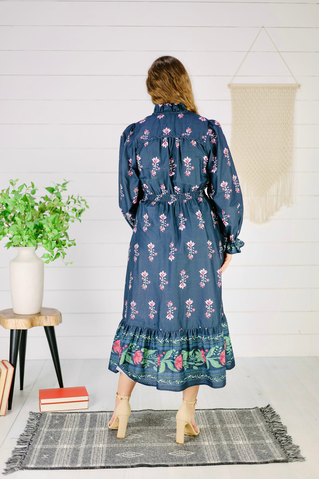 Jocelynn Ruffle Trim Midi Dress- Navy