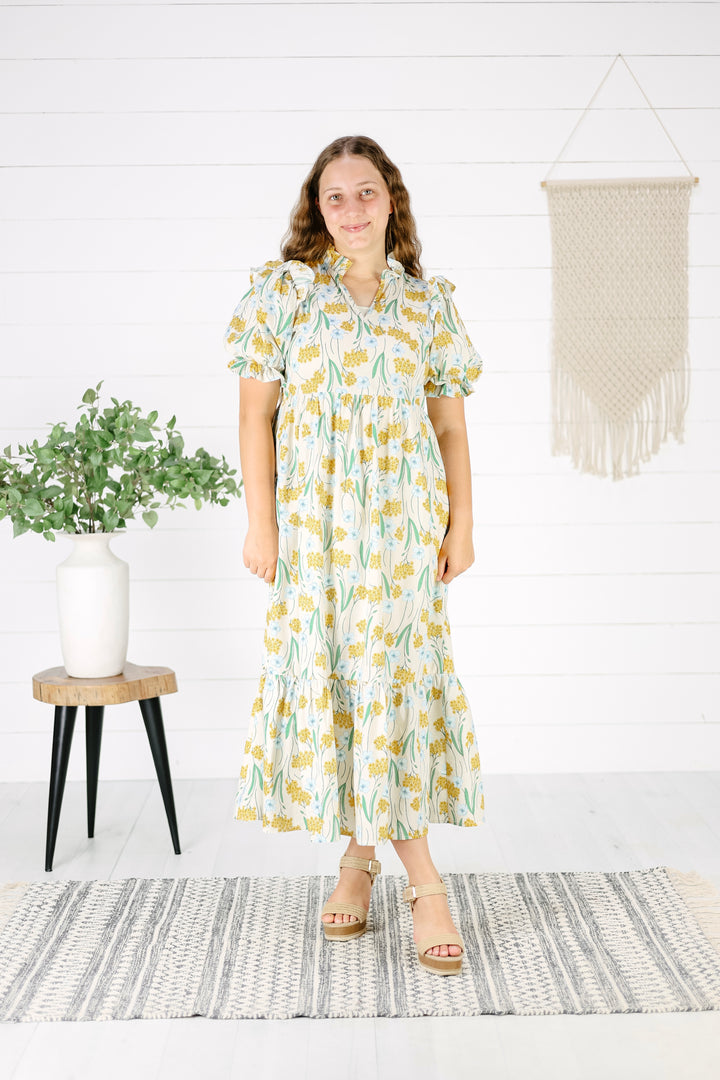 Maelyn Floral Midi Dress-Yellow