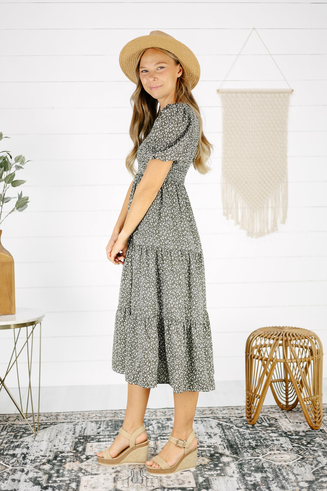 Elly Smocked Midi Dress- Olive