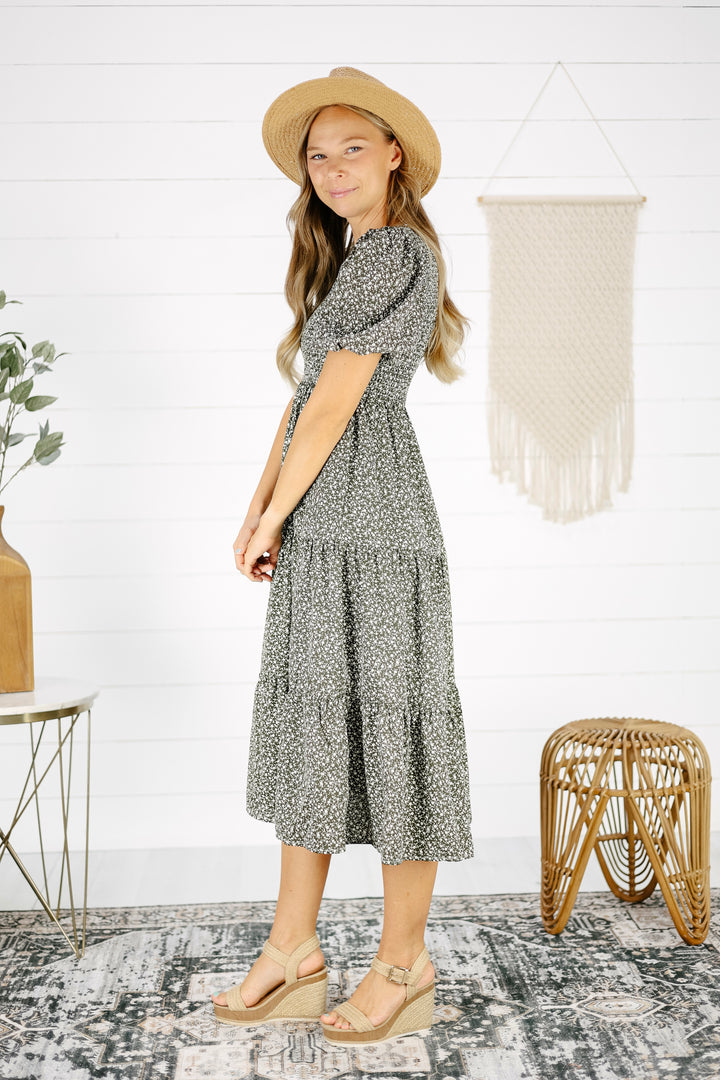 Elly Smocked Midi Dress- Olive