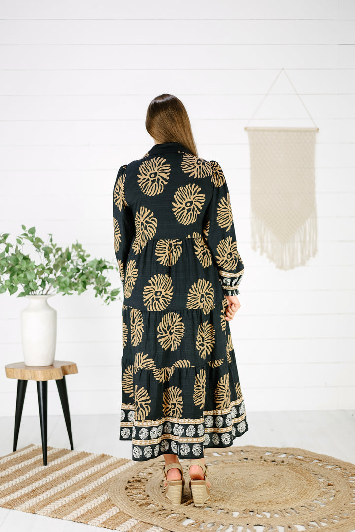 Sierra Print Midi Dress- Black