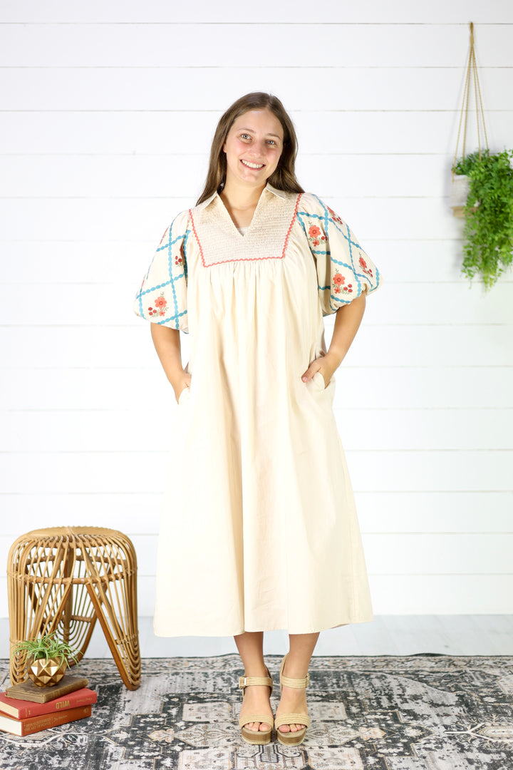 Ellory Embroidered Midi Dress- Cream