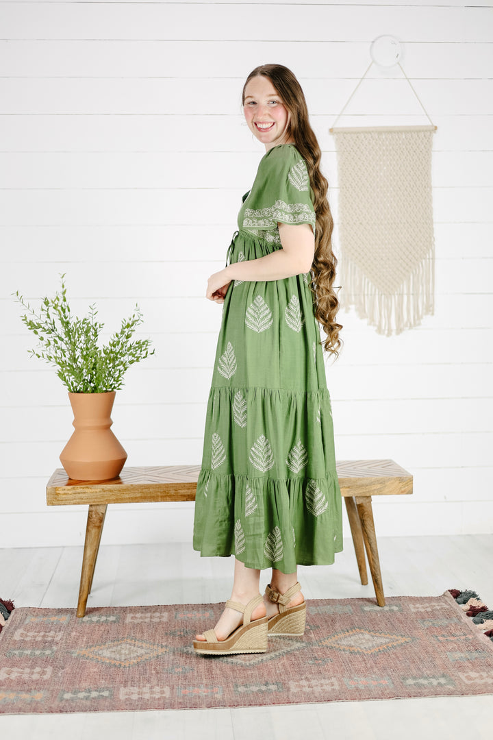 Maxine Embroidered Maxi Dress- Olive