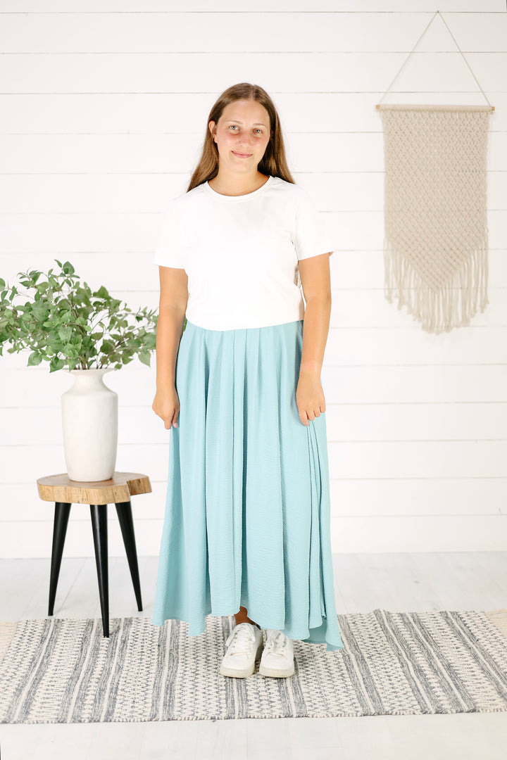 Everly Box Pleated Midi Skirt-Light Teal