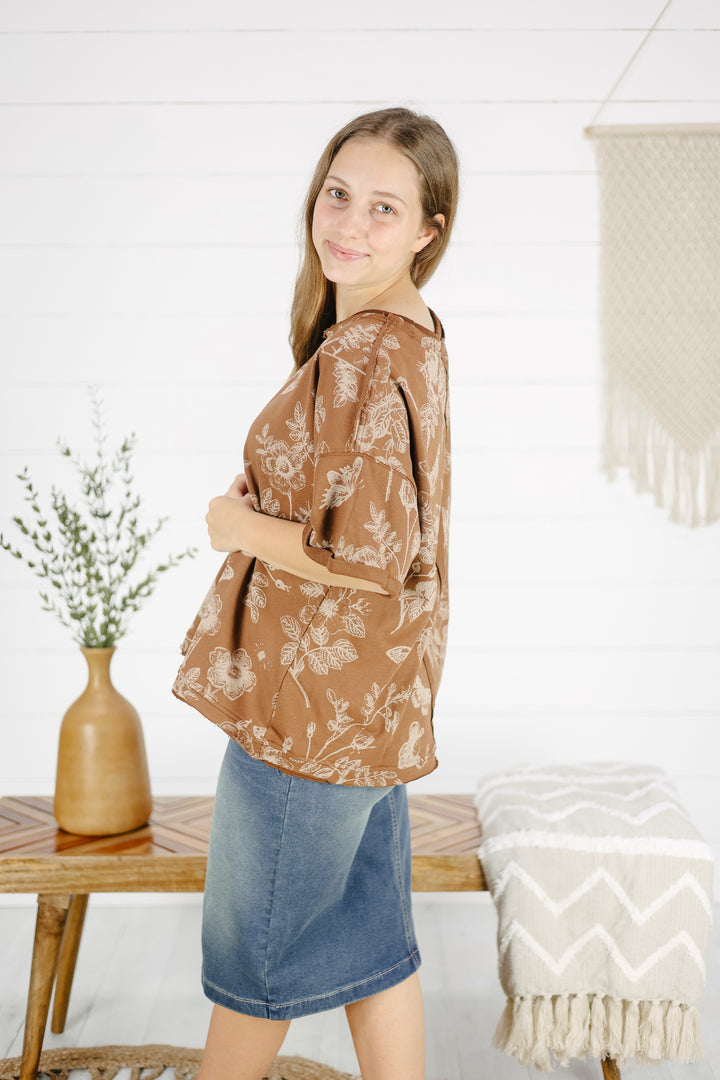 Karson Floral Top- Brown