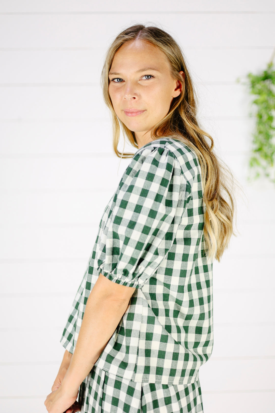 Henning Gingham Checkered Top-Green