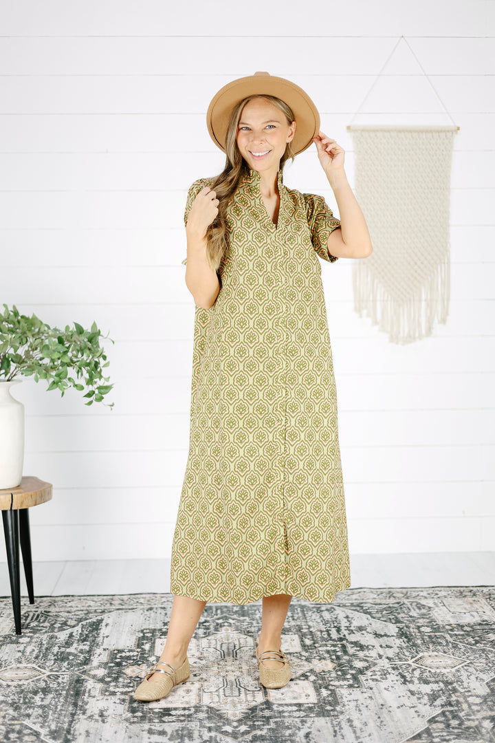 Kris Button Down Midi Dress-Matcha