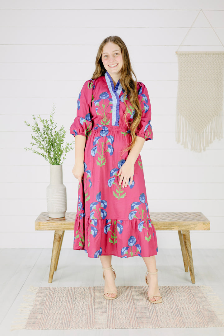 Hera Floral Midi Dress- Berry
