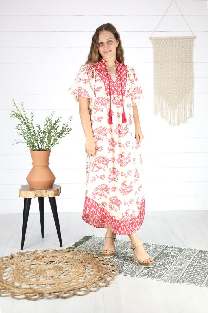 Bianca Print Midi Dress- Red
