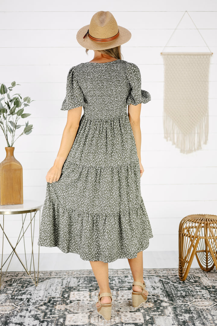 Elly Smocked Midi Dress- Olive