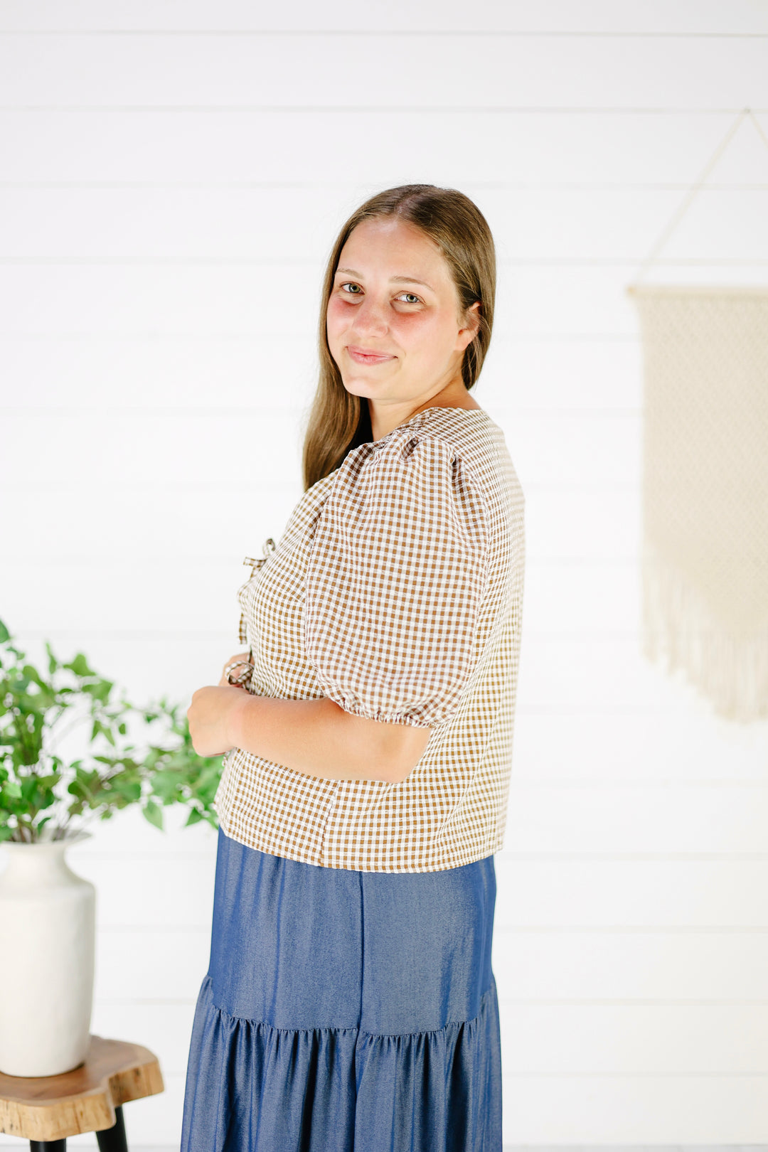 Courtney Gingham Tie Top- Brown