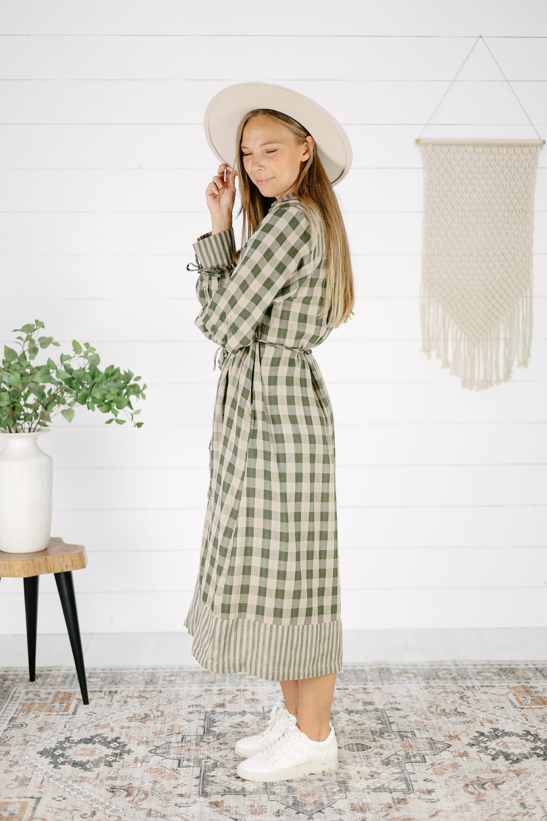 Retton Plaid Midi Dress- Olive