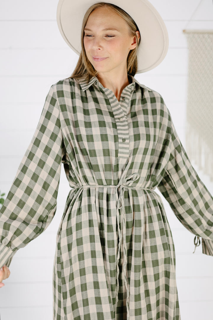 Retton Plaid Midi Dress- Olive