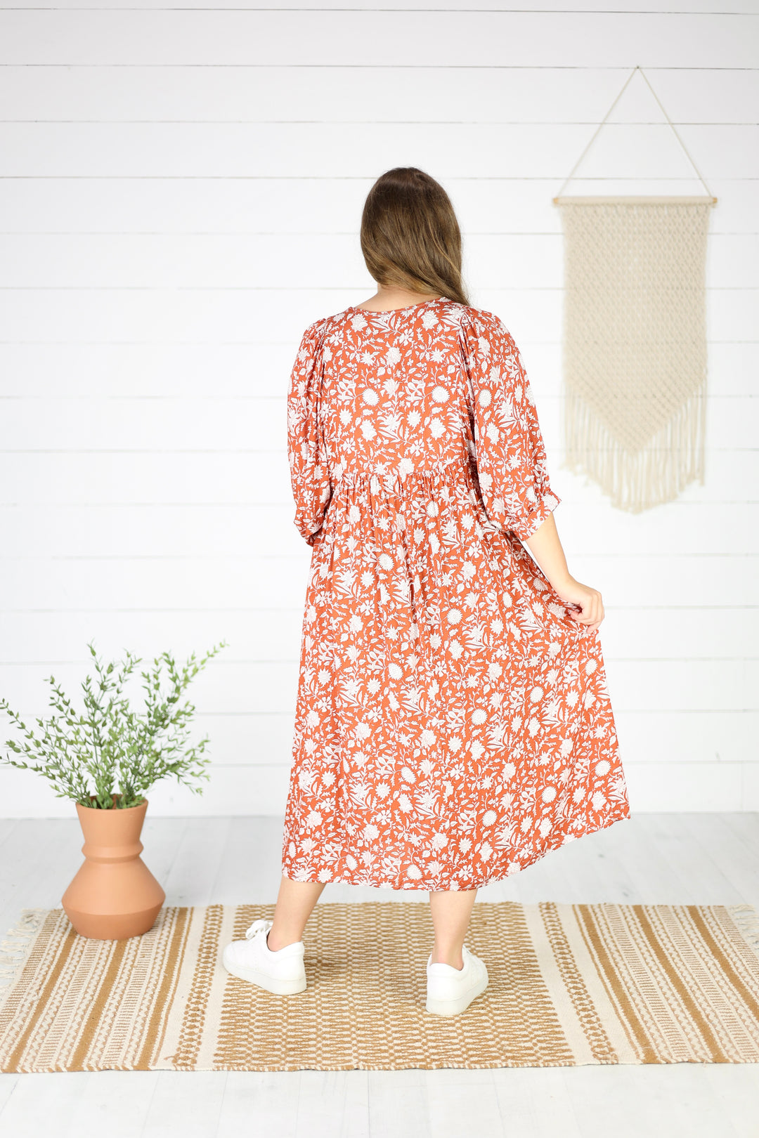 Hollis Floral Midi Dress- Burnt Orange