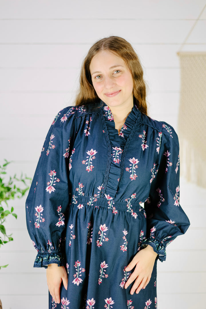 Jocelynn Ruffle Trim Midi Dress- Navy