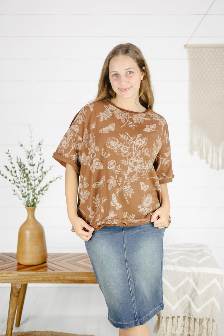 Karson Floral Top- Brown