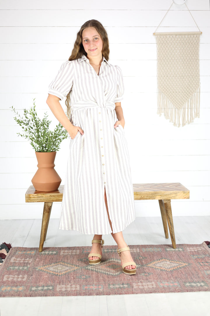 Denae Stripe Midi Dress- Cream