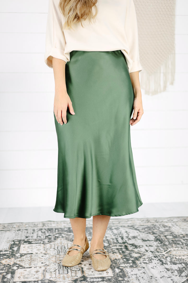 Avery Satin Midi Skirt - Olive