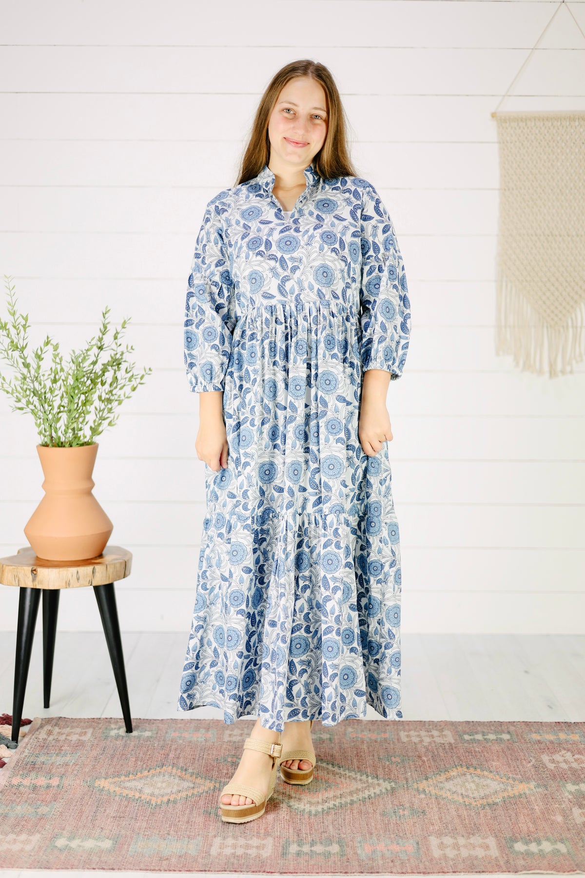 Slayte Hand Screen Printed Maxi Dress- Blue, Spring Modest Dress, Church Dress, Floral Dress 3X / Blue