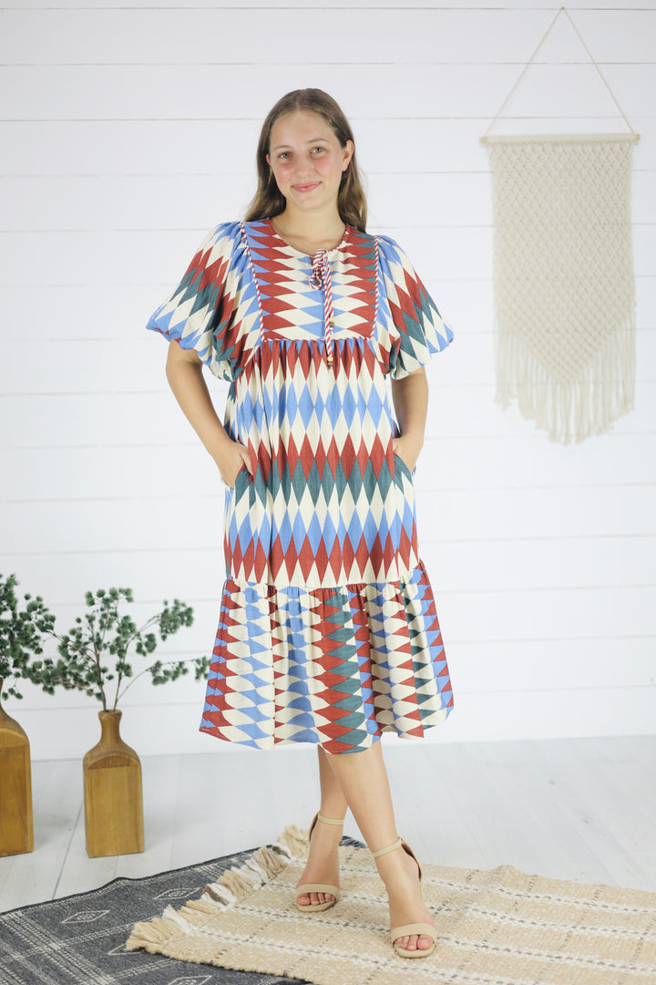 Emmi Diamond Print Midi Dress-Burgundy