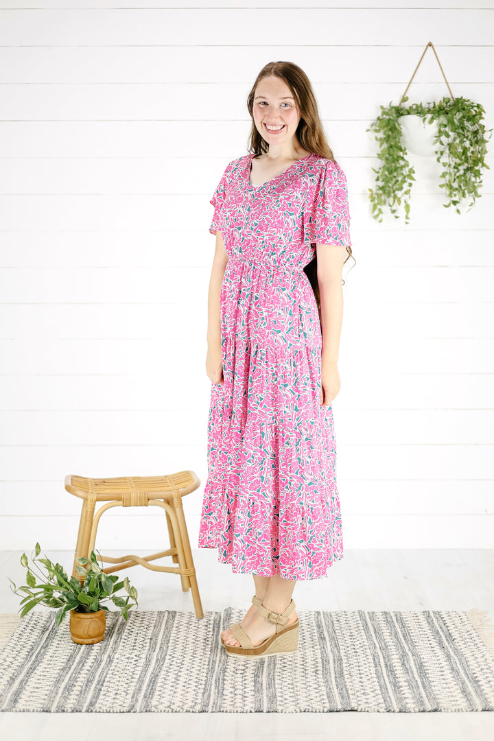 Sophia Floral Midi Dress - Pink/Final Sale