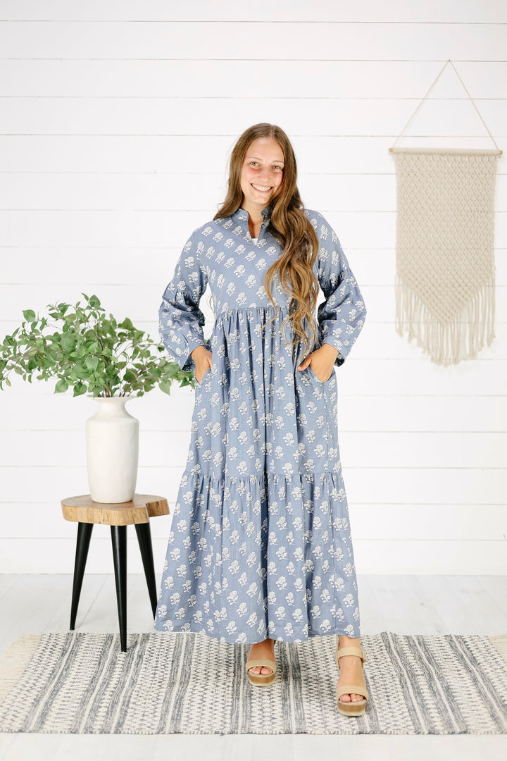 Emmarie Hand Screen Printed Maxi Dress-Blue