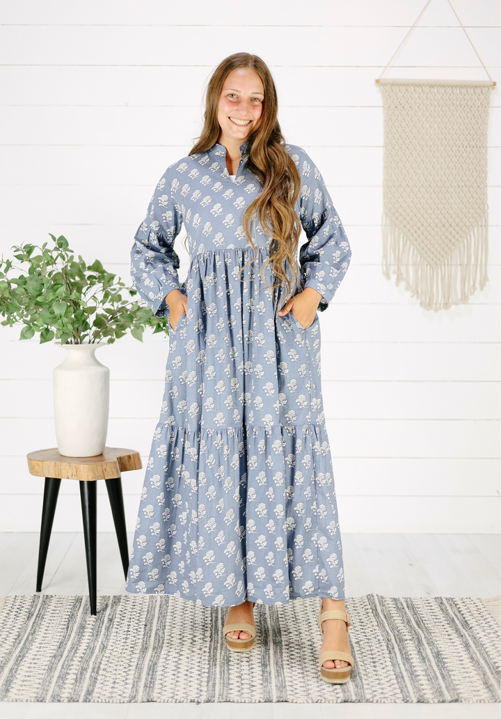 Emmarie Hand Screen Printed Maxi Dress-Blue