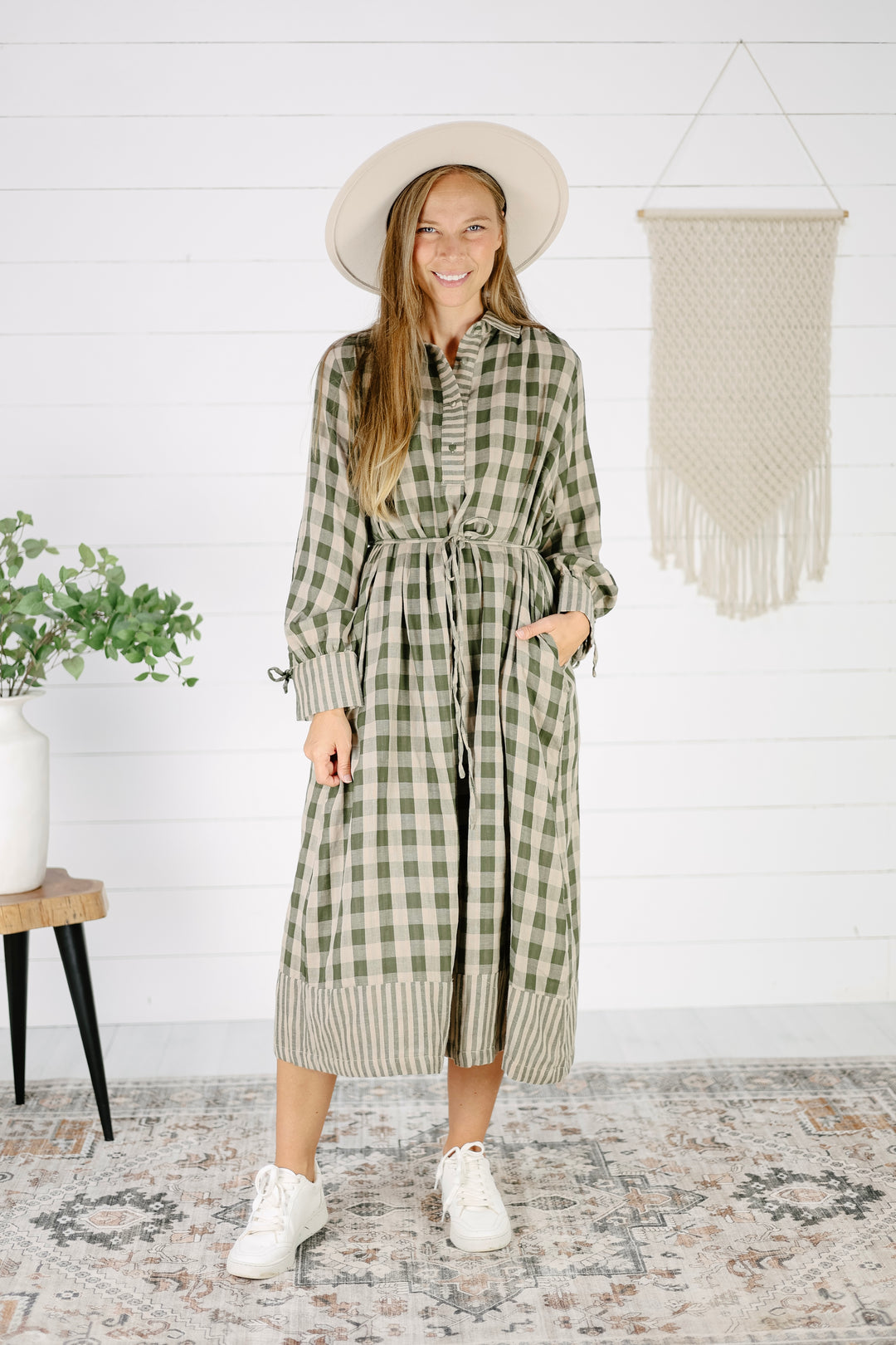 Retton Plaid Midi Dress- Olive