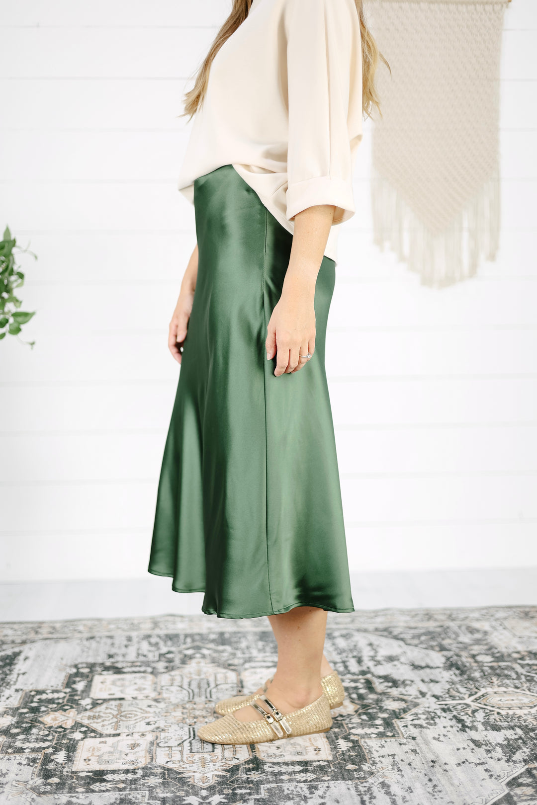 Avery Satin Midi Skirt - Olive