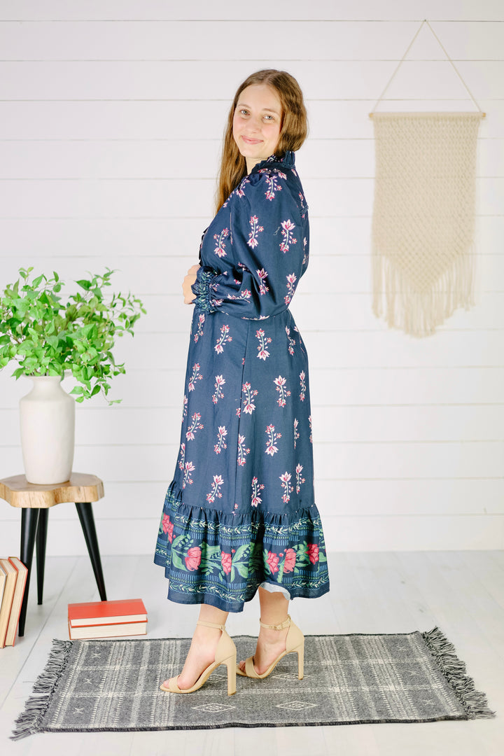 Jocelynn Ruffle Trim Midi Dress- Navy