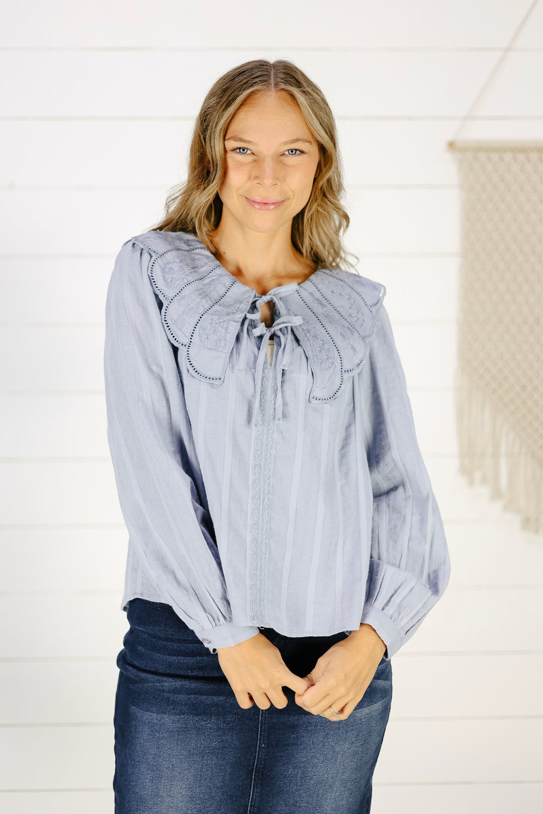 Bellamy Scalloped Collar Blouse- Slate Blue