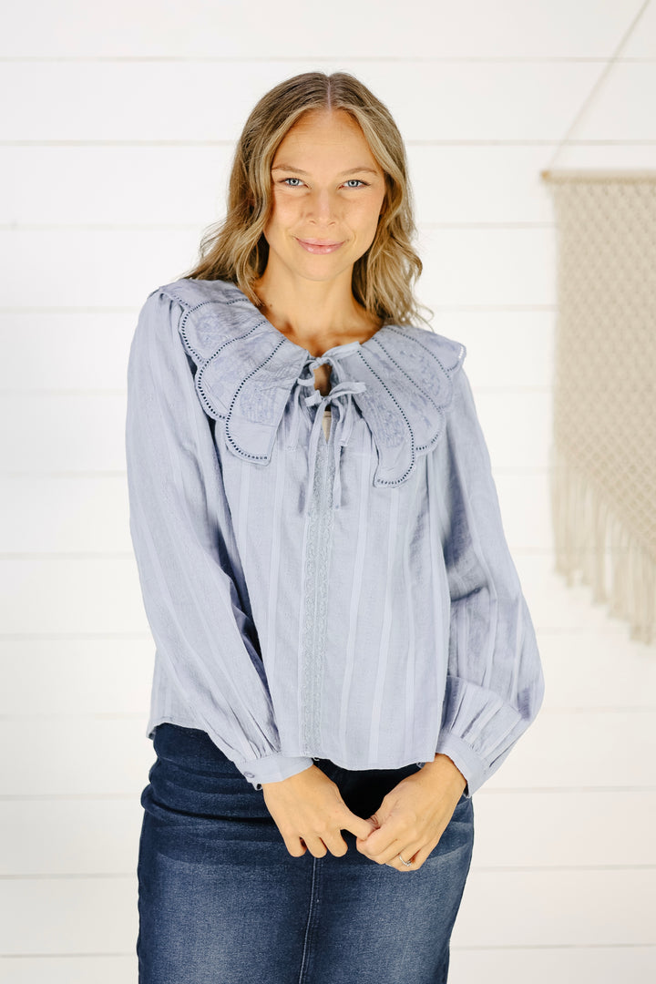 Bellamy Scalloped Collar Blouse- Slate Blue