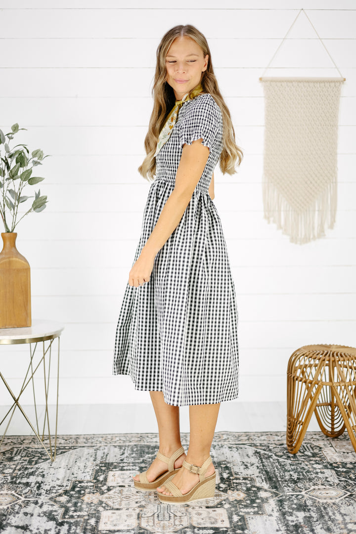 Boyce Gingham Midi Dress- Black