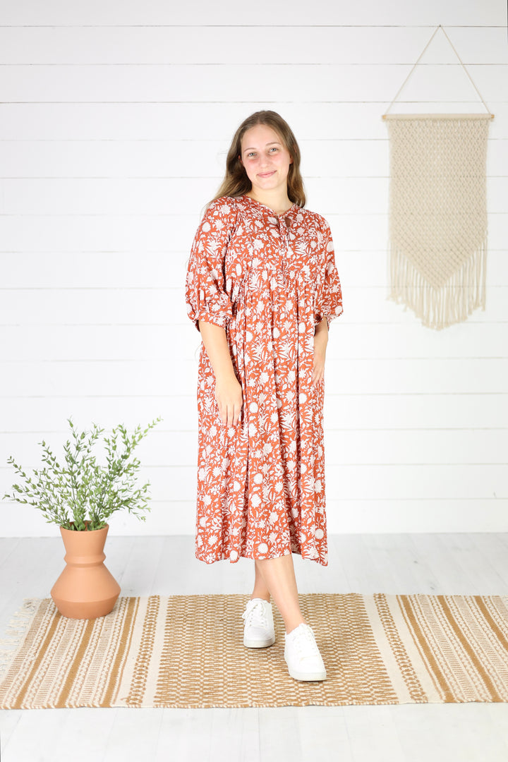 Hollis Floral Midi Dress- Burnt Orange