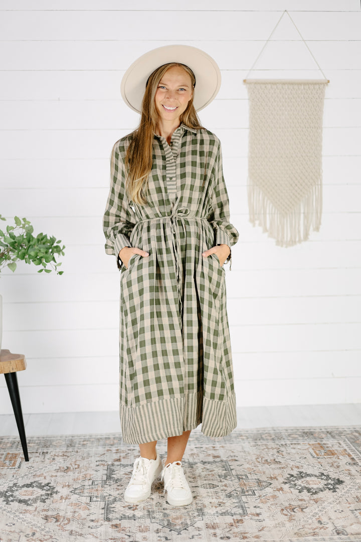 Retton Plaid Midi Dress- Olive