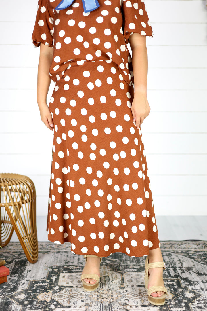 Rosalind Polka Dot Midi Skirt- Brown