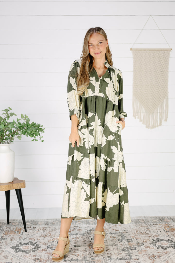 Jolie Floral Midi Dress- Olive