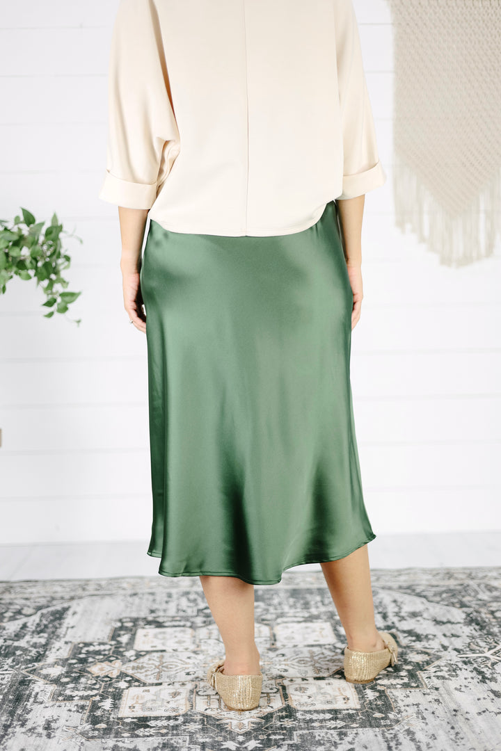 Avery Satin Midi Skirt - Olive