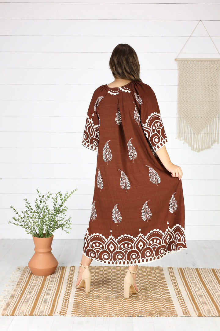 Gwen Paisley Midi Dress-Brown