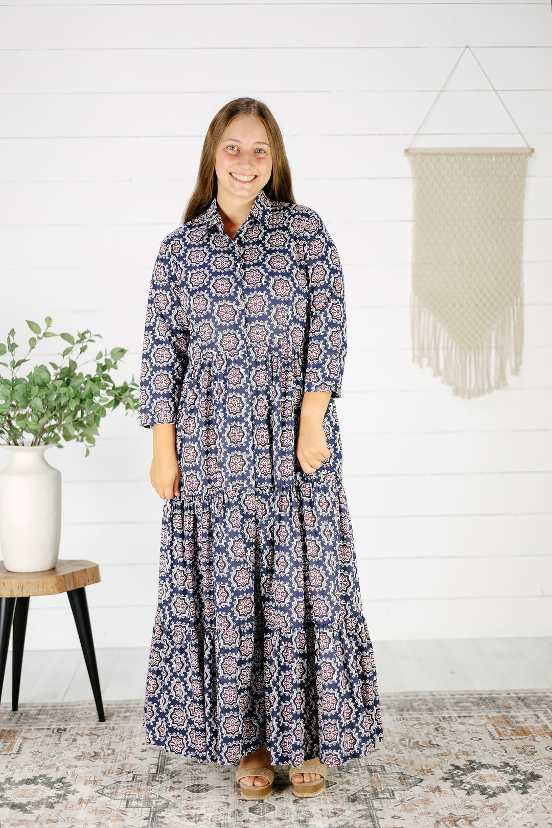 Jensen Hand Screen Printed Maxi Dress- Navy