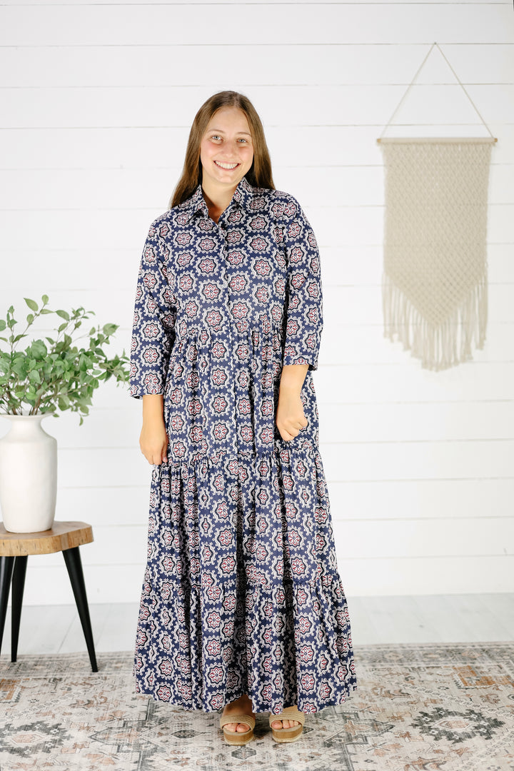 Jensen Hand Screen Printed Maxi Dress- Navy