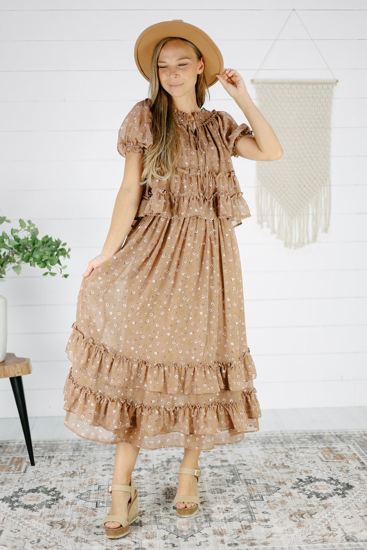 Leona Floral Midi Skirt- Mocha