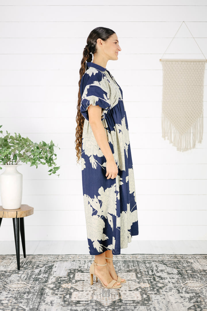 Hilary Floral Midi Dress- Navy